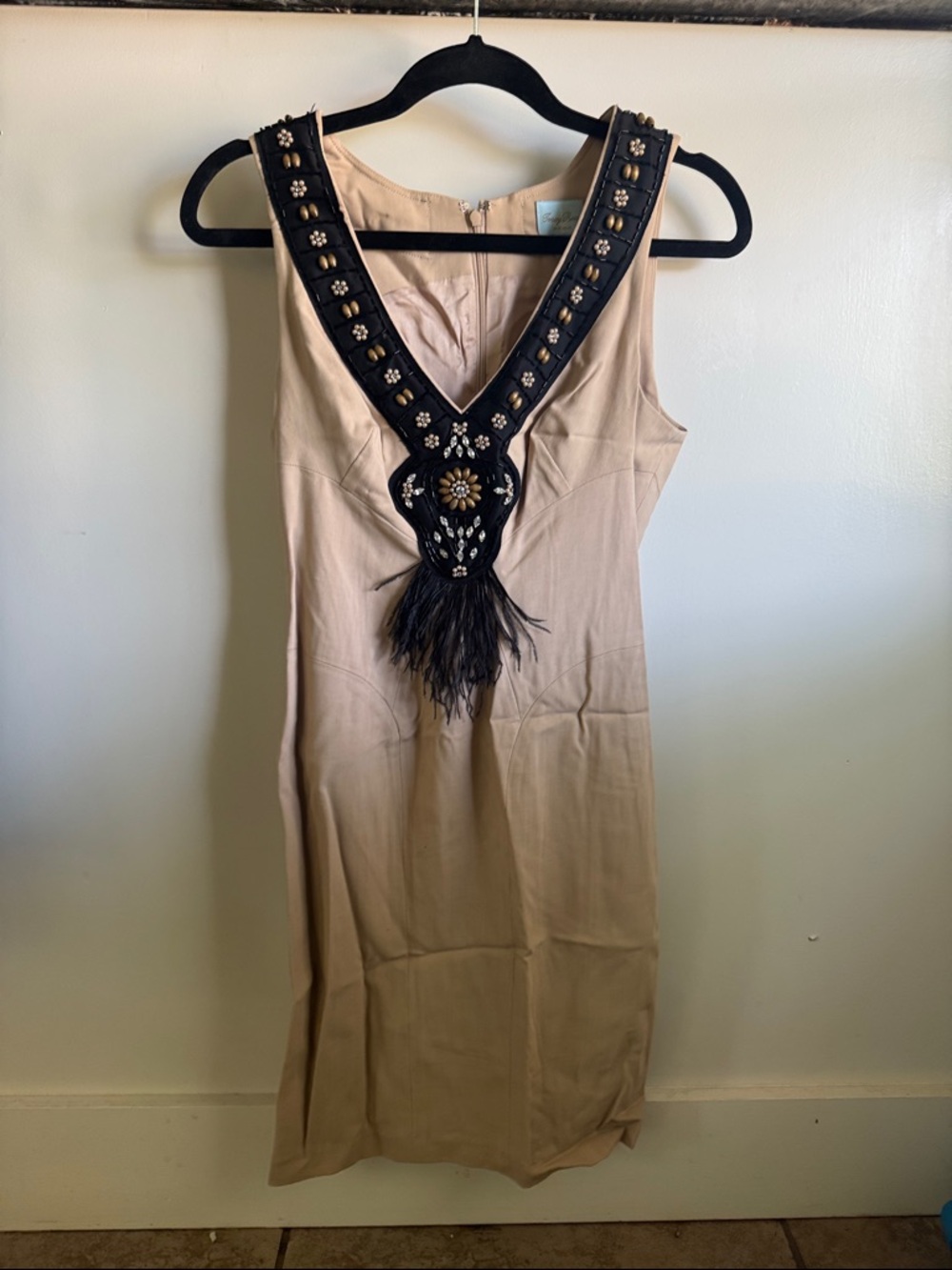 Tracy Reese Beige Midi Dress with Black Embellished V-Neck
